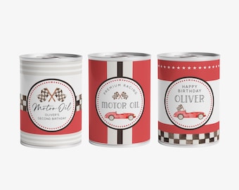 Etichetta decorativa per lattina di olio motore per auto da corsa rossa, etichetta decorativa per lattina di olio motore per auto da corsa modificabile, decorazione per due lattine veloci per feste di compleanno, download digitale