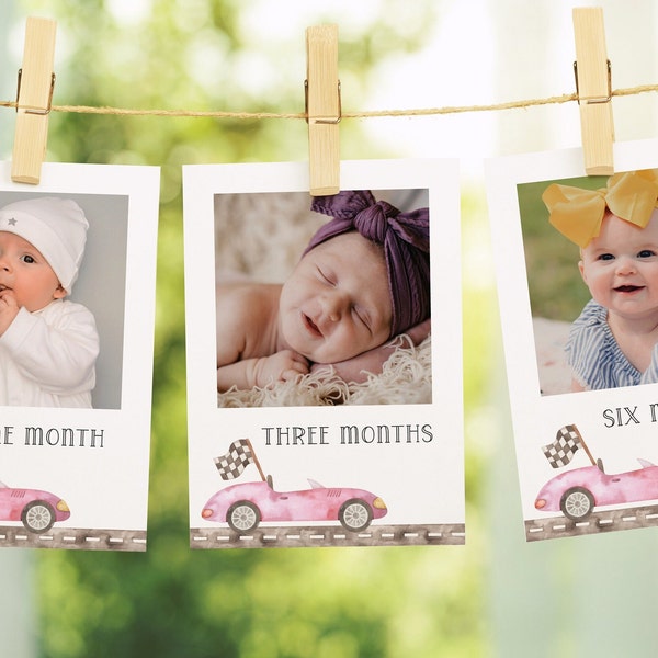 Pink Race Car 12 Months Photo Banner, Editable Template, Girl 1st Birthday Fast One Decor, Girl B'day Pink Car Banner, Digital Download