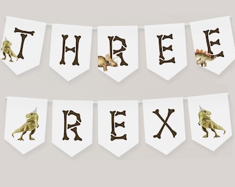 Three Rex Birthday Banner, Dinosaur 3rd B'day Party Banner, Printable Three Rex Garland, Printable Dinosaur Decoration, Digital Download