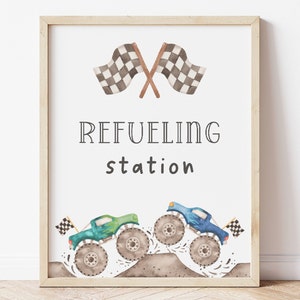 Monster Truck Refueling Station Sign, Editable Template, Green & Blue Monster Truck Party Decor, Racing Food Table Sign, Digital Download
