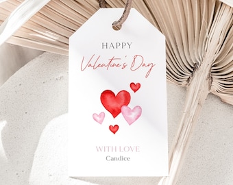 Etiqueta de feliz día de San Valentín, etiqueta de regalo editable de V'day, etiquetas de favores de San Valentín de corazones rosados rojos, etiqueta minimalista de V'day, descarga digital