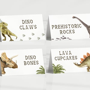 Carpas de comida de dinosaurios, plantilla editable, etiquetas de comida de cumpleaños de Dino, carpas de comida T-Rex, decoración de mesa de fiesta de dinosaurios, descarga digital imagen 1