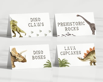 Carpas de comida de dinosaurios, plantilla editable, etiquetas de comida de cumpleaños de Dino, carpas de comida T-Rex, decoración de mesa de fiesta de dinosaurios, descarga digital