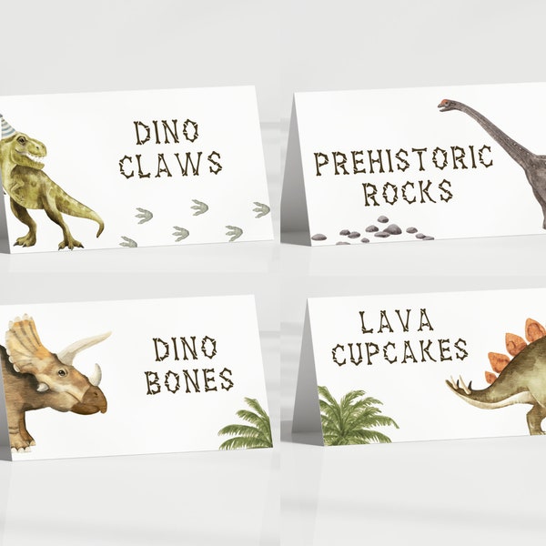 Tentes de nourriture de dinosaure, modèle modifiable, étiquettes de nourriture d'anniversaire de dinosaure, tentes de nourriture de T-Rex, décoration de table de fête de dinosaure, téléchargement numérique