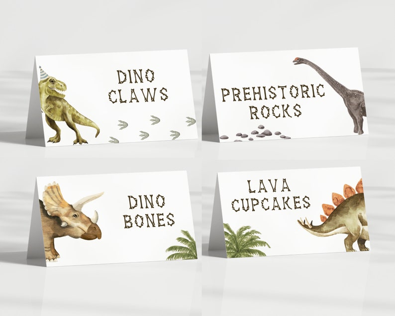 Carpas de comida de dinosaurios, plantilla editable, etiquetas de comida de cumpleaños de Dino, carpas de comida T-Rex, decoración de mesa de fiesta de dinosaurios, descarga digital imagen 1