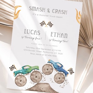 Monster Truck Joint Birthday Invitation, Editable Template, Joint Siblings Party Invite, Brothers Racing Trucks Invite, Digital Download