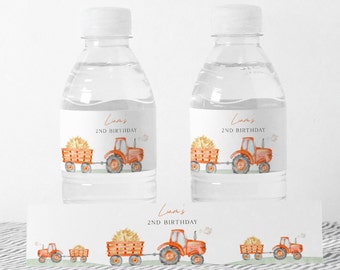 Orange Tractor Water Bottle Label, Editable Template, Tractor Water Bottle Wrapper, Farm Tractor Birthday Party Labels, Digital Download