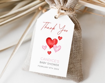 Editable Valentines Thank You Tag, Valentines Hearts Baby Shower Favors Tag, Bridal Shower Pink Red Hearts V'day Gift Tag, Digital Download