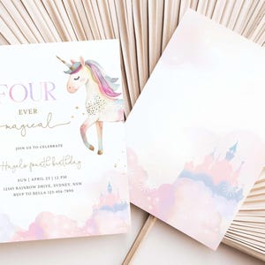 May include: A pink and purple invitation with a watercolor illustration of a unicorn and a castle. The text reads "Four Ever Magical" and includes details for a birthday party.