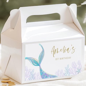 Mermaid Gable Box Label, Editable Template, Purple Blue Mermaid Goodie Box Label, Under The Sea Mermaid Favor Boxes Label, Digital Download