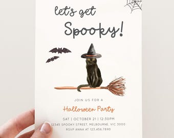 Lassen Sie uns gruselige Halloween-Party-Einladung erhalten, bearbeitbare Hexenkatzen-Halloween-Einladung, Kinder-Süße schwarze Katzen-Halloween-Einladung, digitaler Download