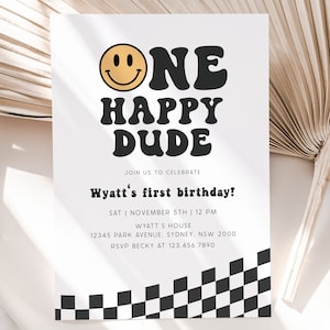 One Happy Dude Birthday Invitation, Editable Template, Retro Smiley Face Invite, Boy 1st Birthday, One Happy Dude Party, Digital Download