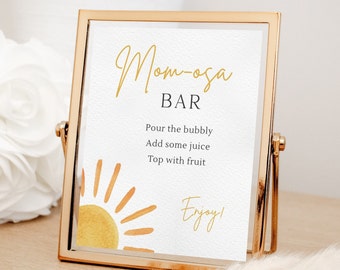 Sunshine Mom-osa Bar Sign, Editable Sunshine Baby Shower Decor, Sun Birthday Party Momosa Bar, Modern Sun Party Drink Sign, Digital Download