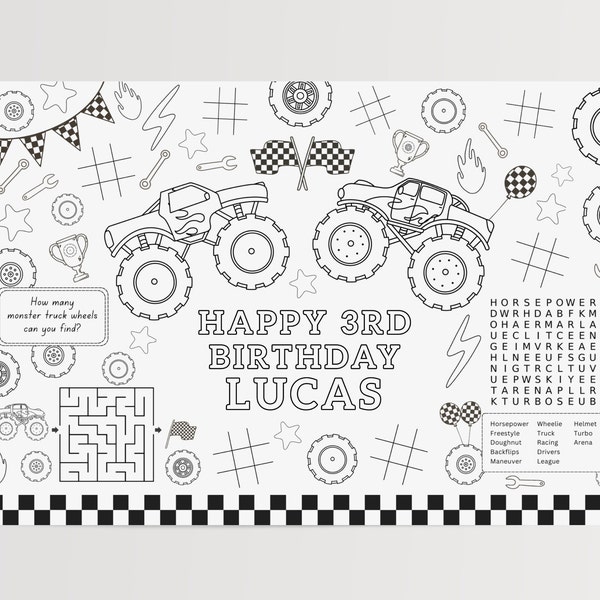 Editable Monster Truck Activity & Coloring Page, Monster Trucks Birthday Party Placemat, Printable Kids Activity Games, Digital Download