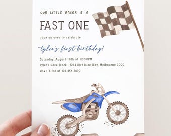 Fast ONE Dirt Bike Invitation, Editable Blue Dirt Bike Little Racer 1st Birthday Invite, Boy Fast One Racing B'day Party, Digital Download