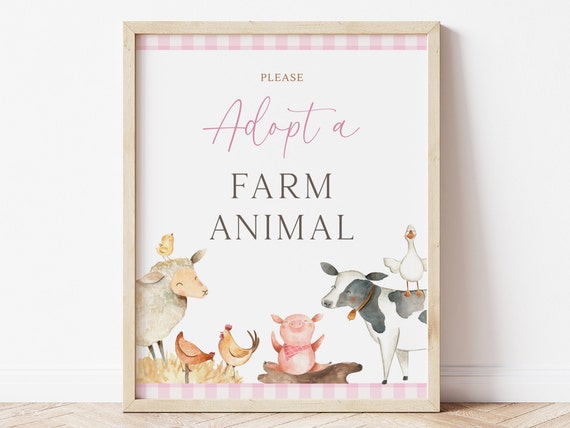 Adopt A Farm Animal Sign, Editable Pink Barn Birthday Party Favors Sign, Minimalist Girl Pink Barnyard Farm Animals Decor, Digital Download