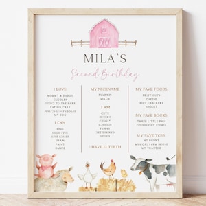 Segno di pietra miliare del compleanno del fienile rosa, segno di compleanno di ragazza modificabile da cortile e animali, modello di poster di pietra miliare della festa della fattoria rosa, download digitale