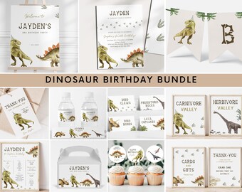 Paquete de invitaciones de cumpleaños de dinosaurios editables, invitación para fiesta de cumpleaños de T-Rex, invitación para fiesta de cumpleaños de dinosaurios para cualquier edad + paquete de plantillas de decoración