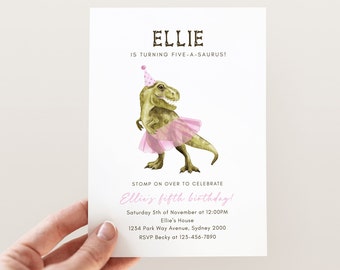 Faire-part d'anniversaire T-Rex & Tutu de tout âge, modèle modifiable, invitation anniversaire fille dinosaure Tutu, fête d'anniversaire tutu rose dinosaure en téléchargement numérique