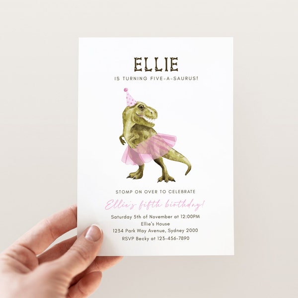 Faire-part d'anniversaire T-Rex & Tutu de tout âge, modèle modifiable, invitation anniversaire fille dinosaure Tutu, fête d'anniversaire tutu rose dinosaure en téléchargement numérique