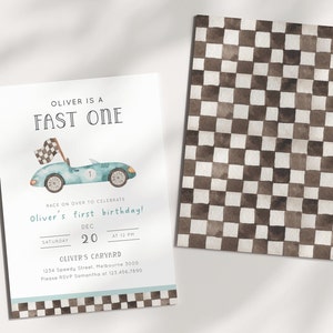 May include: A blue and white race car birthday party invitation with a checkered flag and the text "Oliver is a Fast One". The invitation includes the date, time, and location of the party.