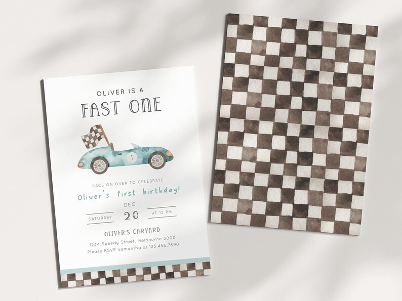 May include: A blue and white race car birthday party invitation with a checkered flag and the text "Oliver is a Fast One". The invitation includes the date, time, and location of the party.