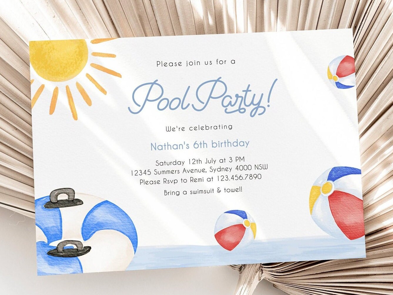 Pool Party Birthday Invitation, Editable Template, Summer Birthday Party Invite Horizontal, Boy Pool Party Gender Neutral, Digital Download