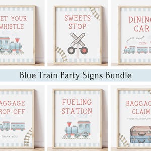Paquete de carteles editables para fiestas de trenes, cartel de comida y bebida para cumpleaños con tren azul, Chugga Chugga Two Two, cartel decorativo para regalo de tren, descarga digital