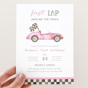 First Lap Girl Racing Birthday Invitation, Editable Pink Car 1st B'day Party, Vintage Car 1st Lap Around The Track Invite, Digital Download