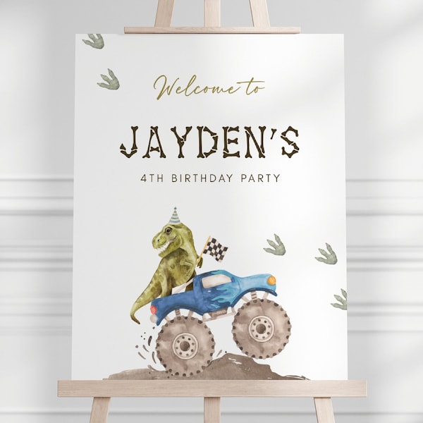 Dinosaur & Monster Truck Welcome Sign, Editable Dino Truck Birthday Sign, T-Rex Party Welcome Poster, Dino B'day Decor, Digital Download