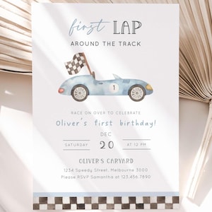 First Lap Racing Birthday Invitation, Editable Muted Blue Car 1st B'day Party, Vintage Car 1st Lap Around The Track Invite, Digital Download