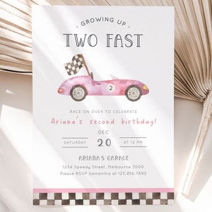 Two Fast Pink Car 2nd Birthday Invitation, Editable Template, Vintage Girl Race Car Party Invite, Girl Second B&#39;day Party, Digital Download