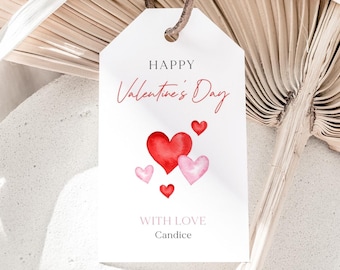 Happy Valentine's Day Tag, Editable V'day Gift Tag, Red Pink Hearts Valentines Favors Labels, Minimalist V'day Tag, Digital Download
