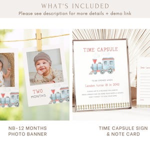 May include: A set of printable baby milestone photo cards featuring a blue train design. The cards include a time capsule sign and note card with the text "To be opened when Landon turns 18 in 2042".
