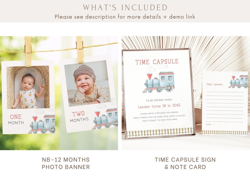 May include: A set of printable baby milestone photo cards featuring a blue train design. The cards include a time capsule sign and note card with the text "To be opened when Landon turns 18 in 2042".