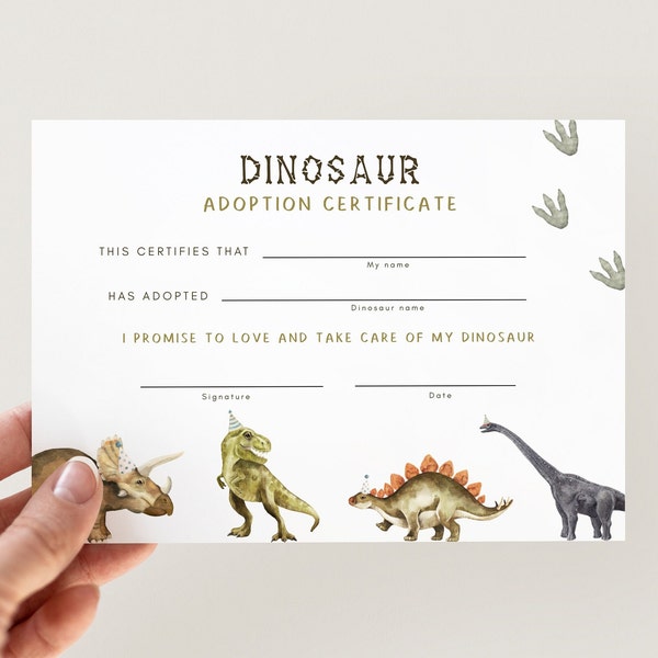 Adopt A Dinosaur Certificate Card, Editable Dino T-Rex Birthday Party Adoption, Dinosaur B'day Adopt A Dinosaur Pet Card, Digital Download
