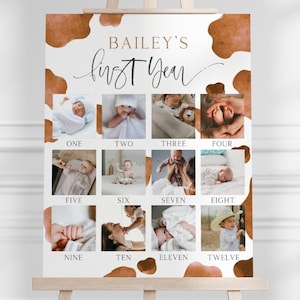 Editable Holy Cow I&#39;m One Milestone Birthday Sign, Baby&#39;s First Year Photo Board, Boho Cow Party 12 Months Picture Collage, Digital Download