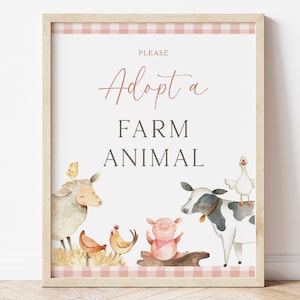 Adopt A Farm Animal Sign, Editable Muted Pink Barn Birthday Party Favors Sign, Minimalist Girl Barnyard Farm Animals Decor, Digital Download