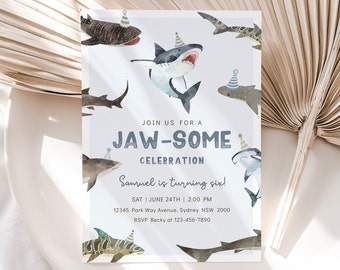 Sharks Birthday Party Invitation, Editable Template, Any Age Jawsome Sharks B'day Invite, Sharks Boy Under The Sea Party, Digital Download