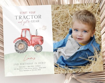 Red Tractor Birthday Invitation with Photo, Editable Template, Any Age Red Farm Tractor B'day Party, Tractor Party Invite, Digital Download