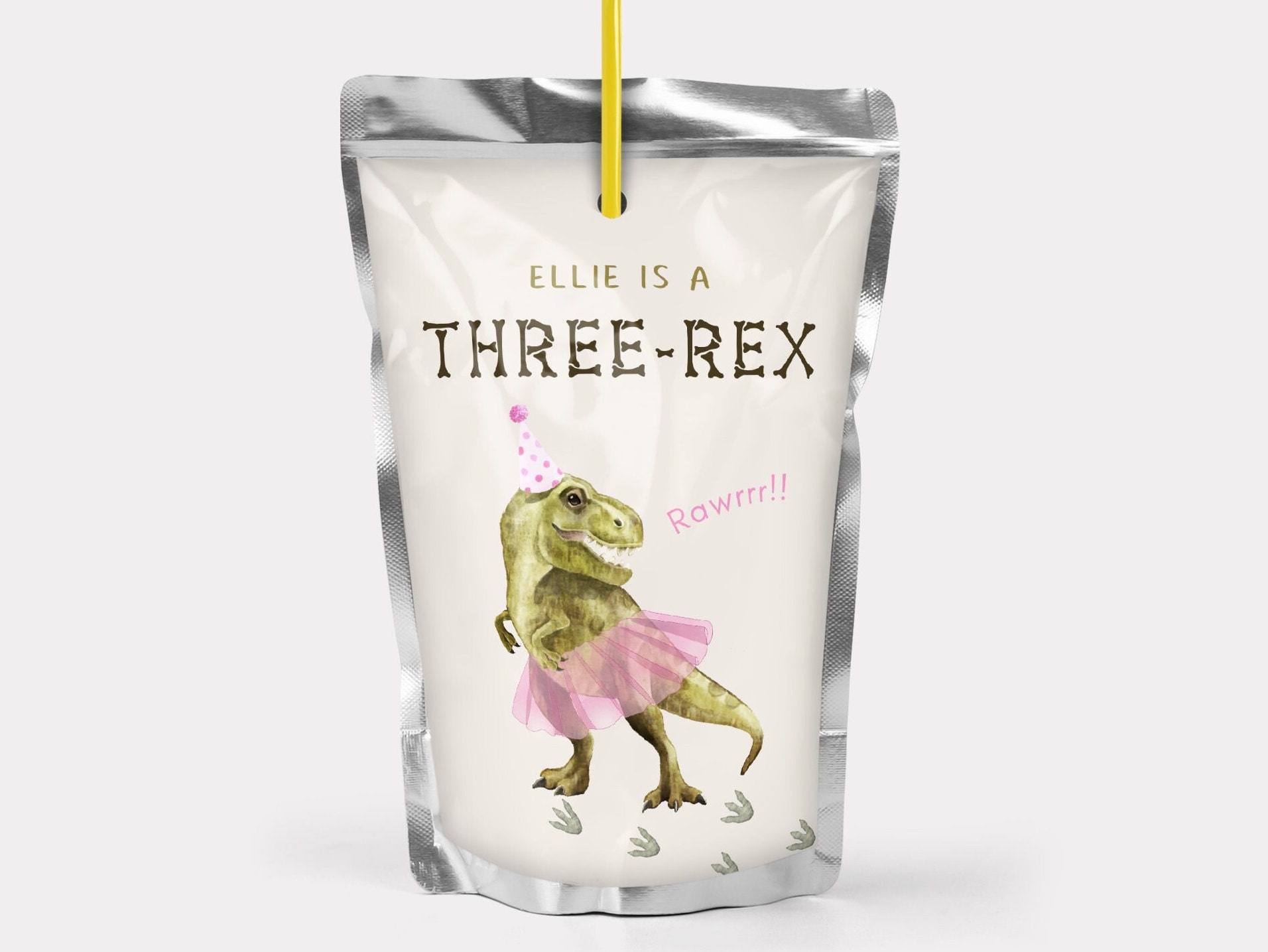 Dinosaur & Tutu Birthday Juice Pouch Label, Editable Girl T-rex Pink ...