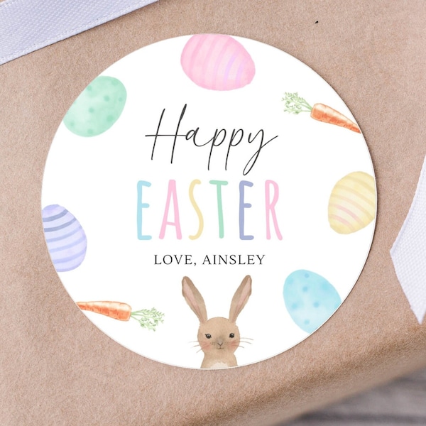 Editable Happy Easter Label, Easter Party Round Sticker & Tag Template, Easter Egg Hunt Party Favors Tag, Easter Bunny Tag, Digital Download