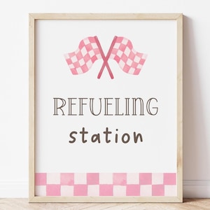 Pink Race Flags Refueling Station Party Sign, Editable Fast One Birthday Girl Race Car Party Decor, Racing Food Drink Sign, Digital Download