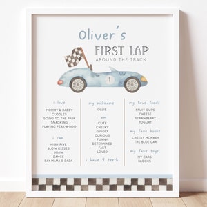 Signo editable de hito de un cumpleaños rápido, fiesta de cumpleaños del coche azul bebé vintage, decoración del día del primer año del coche de carreras de la primera vuelta del niño, descarga digital