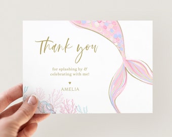 Pink Mermaid Thank You Card, Editable Pink Mermaid Tail & Corals Birthday Thank You Note, Modern Mermaid B'day Party, Digital Download