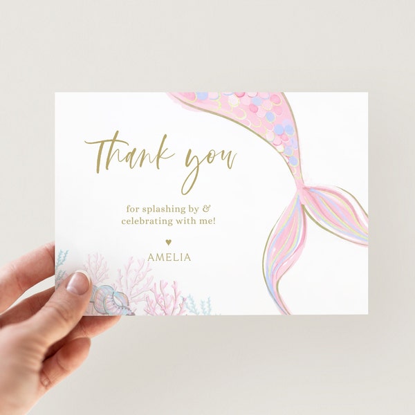 Pink Mermaid Thank You Card, Editable Pink Mermaid Tail & Corals Birthday Thank You Note, Modern Mermaid B'day Party, Digital Download