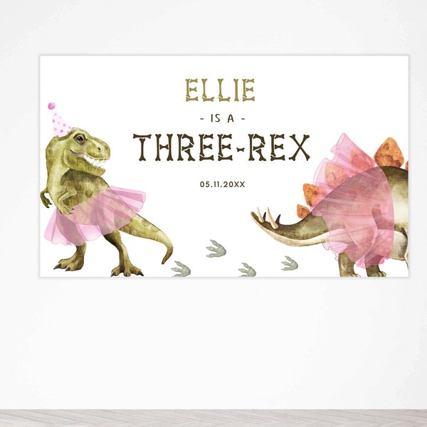 Dinosaur & Tutu Birthday Party Wall Banner, Editable Three Rex B'day Banner, Girl T-Rex Pink Tutu Dino Party Decoration, Digital Download