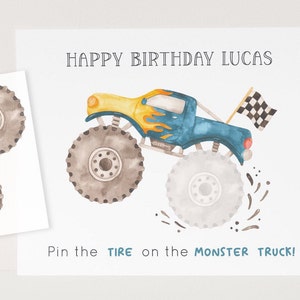 Pin the Tire on the Monster Truck Game, Blue Monster Truck Birthday Party, Printable Race Truck Poster, Pin The Tyer Game, Digital Download