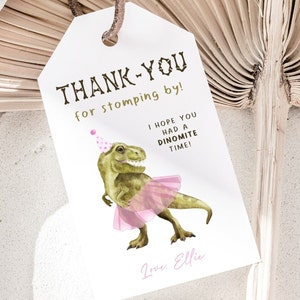 Dino & Tutu Thank You Tag, Editable Template, Girl Dinosaur Birthday Party Favors Tag, Girl Three Rex Pink Tutu Gift Tag, Digital Download