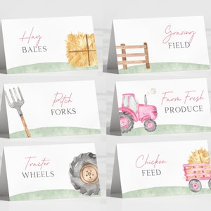 Étiquettes roses de tente de nourriture de tracteur, modèle modifiable, étiquettes de nourriture de tracteur, cartes imprimables de tente, signe de nourriture de partie de tracteur de fille, téléchargement numérique